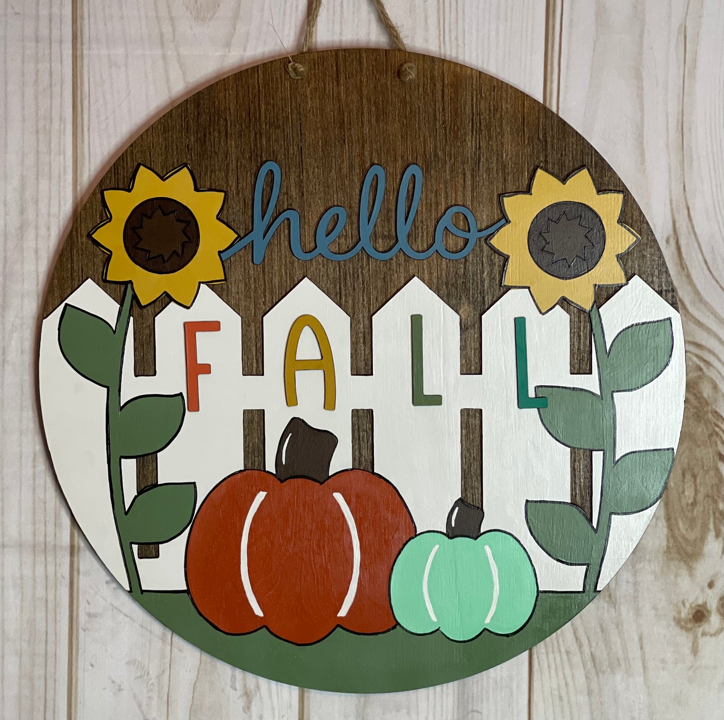 Hello Fall Sunflower Fence Wood Door Hanger