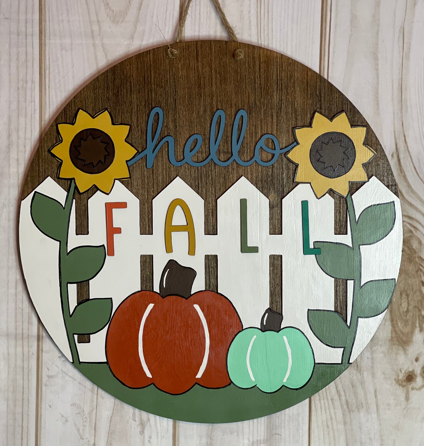 Hello Fall Sunflower Fence Wood Door Hanger