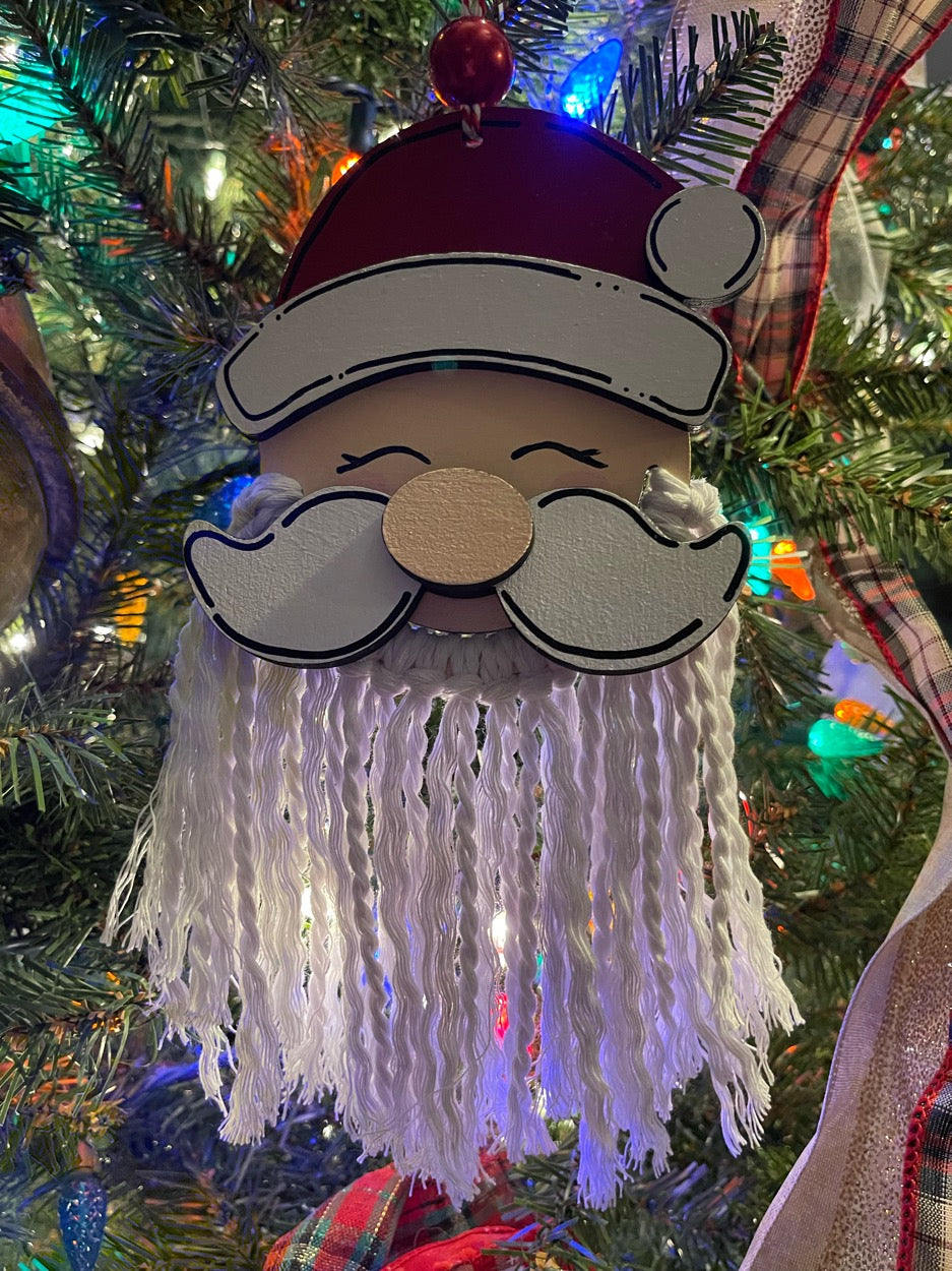 Santa Claus with Macrame Beard Wood Christmas Ornament