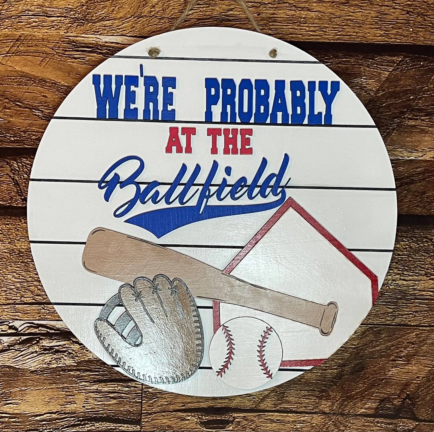 At the Ball field Wood Baseball Softball Door Hanger