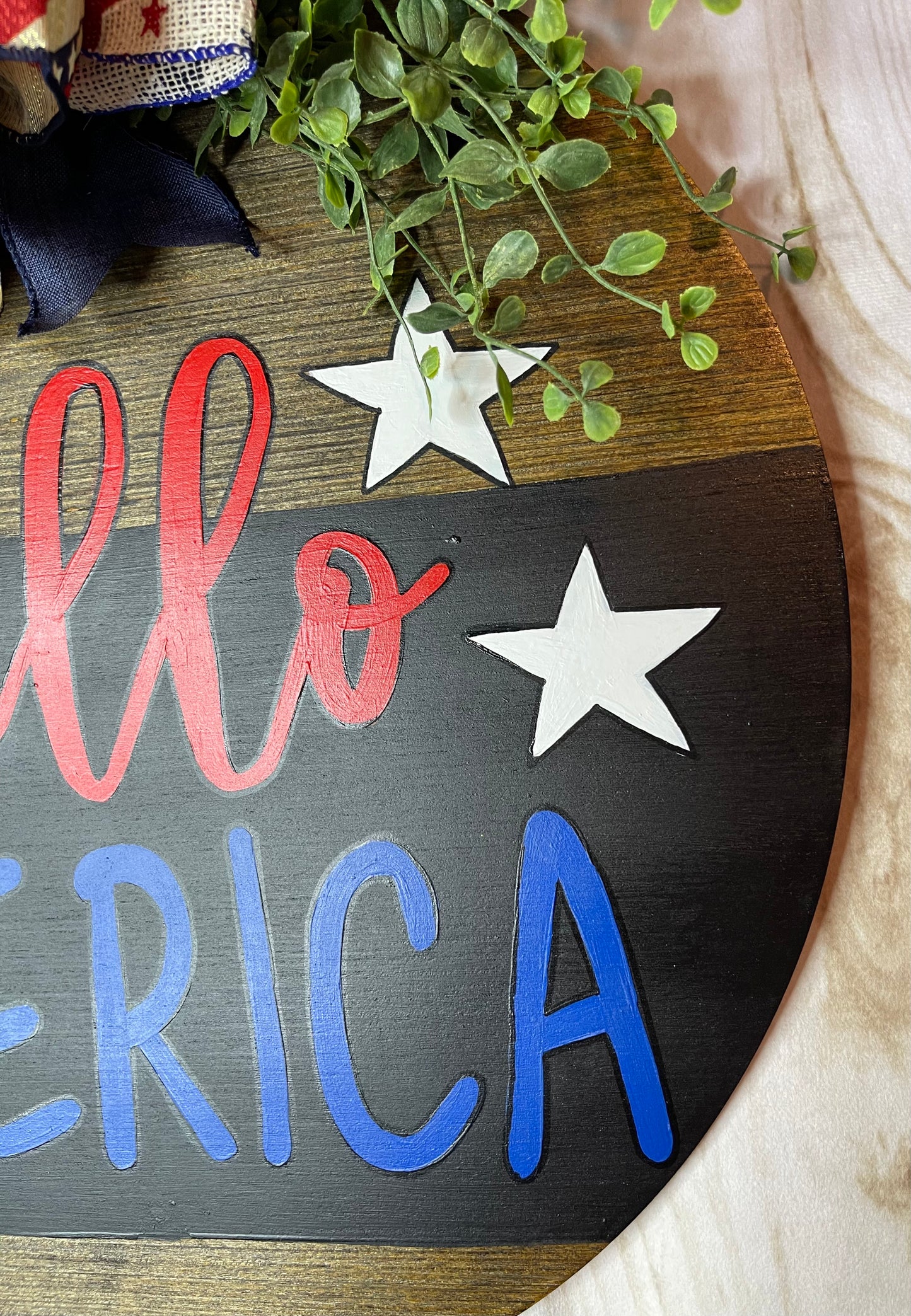 Hello America Round Patriotic Wood Door Hanger