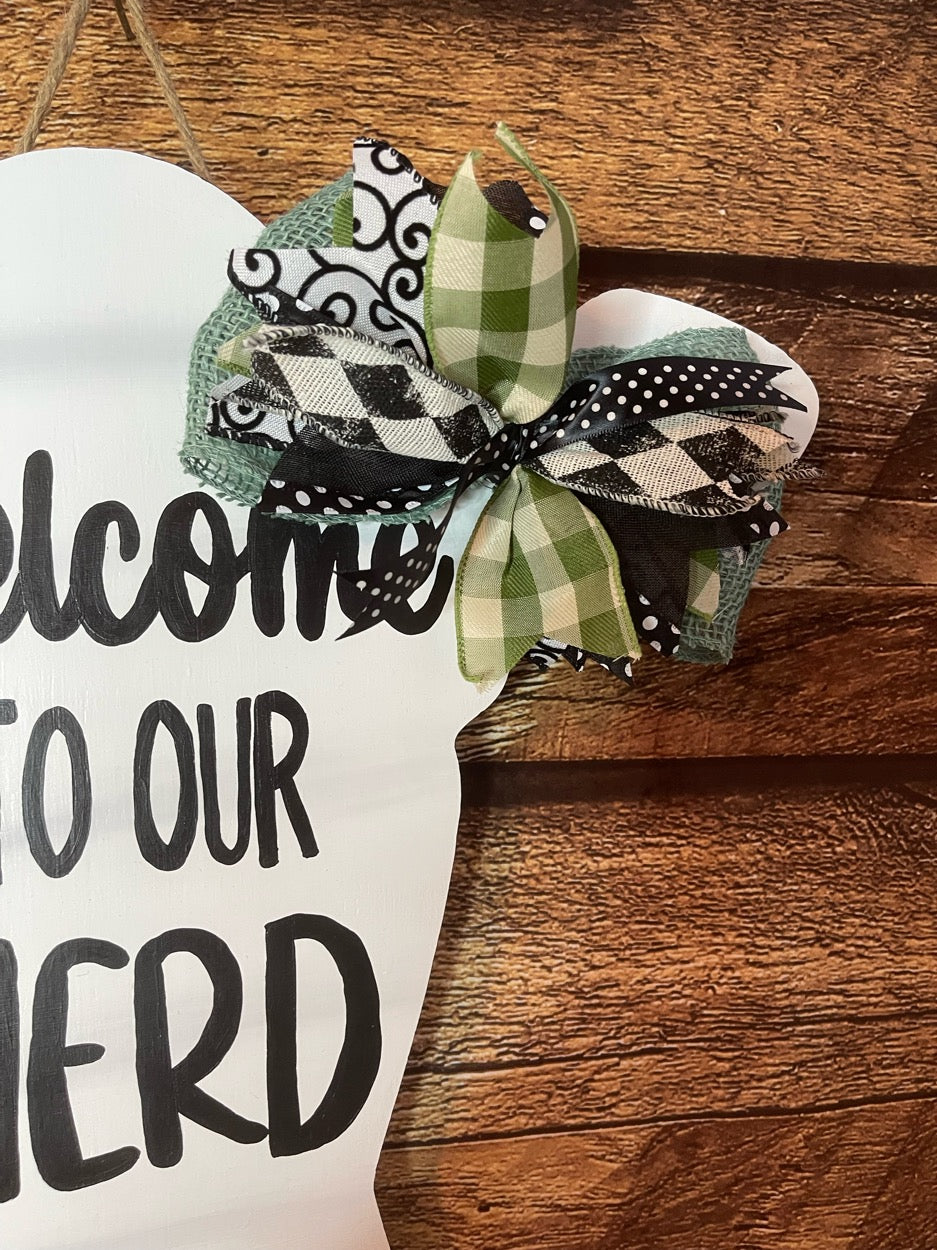 Cow Head with Tag Welcome to our Herd Wood Door Hanger