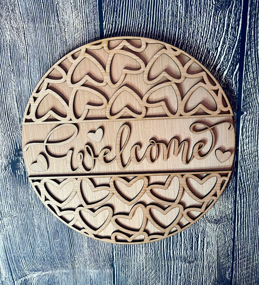 Welcome with Hearts Valentine Wood Door Hanger Blank