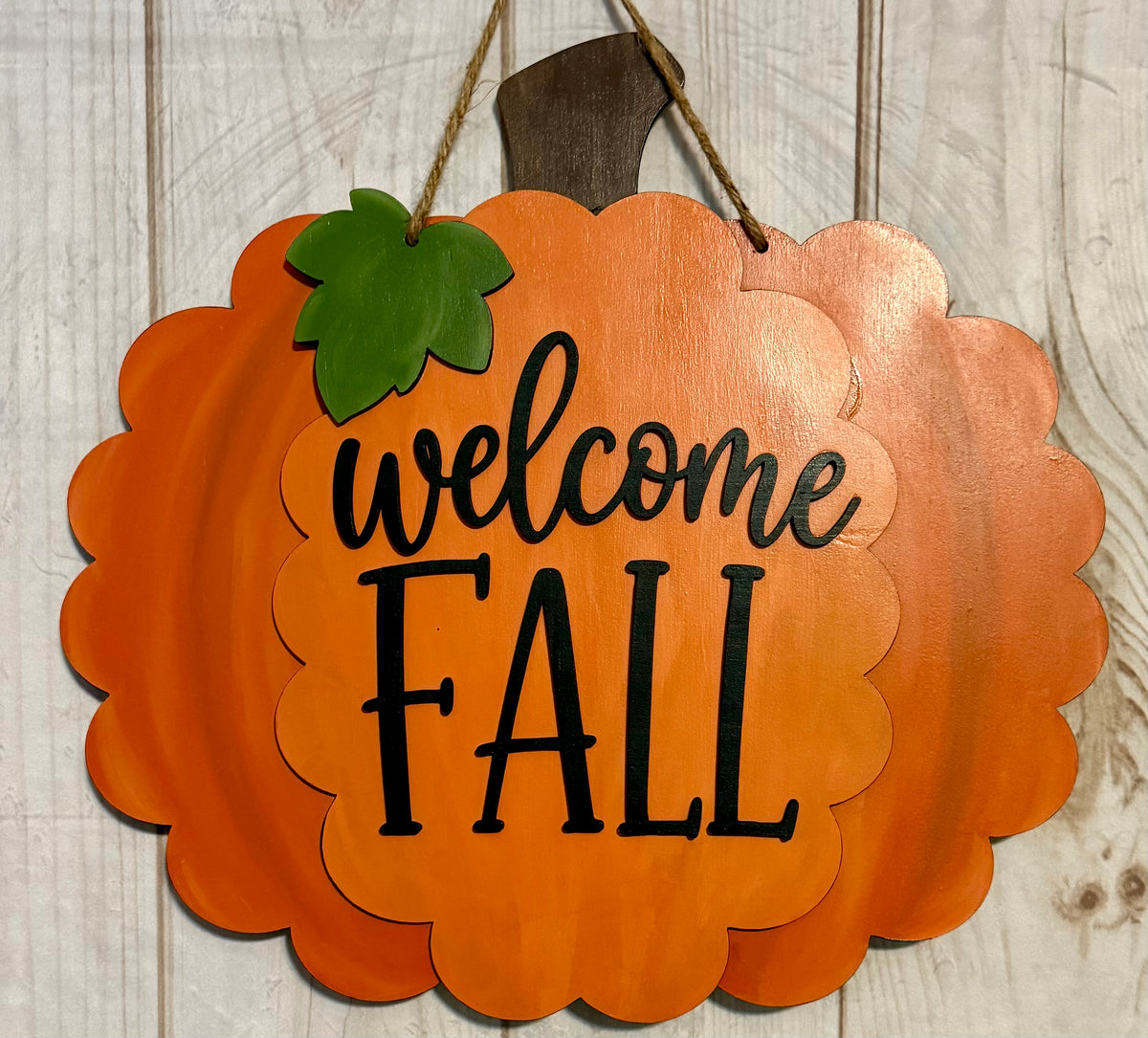 Welcome Fall Scalloped Pumpkin Wood Door Hanger