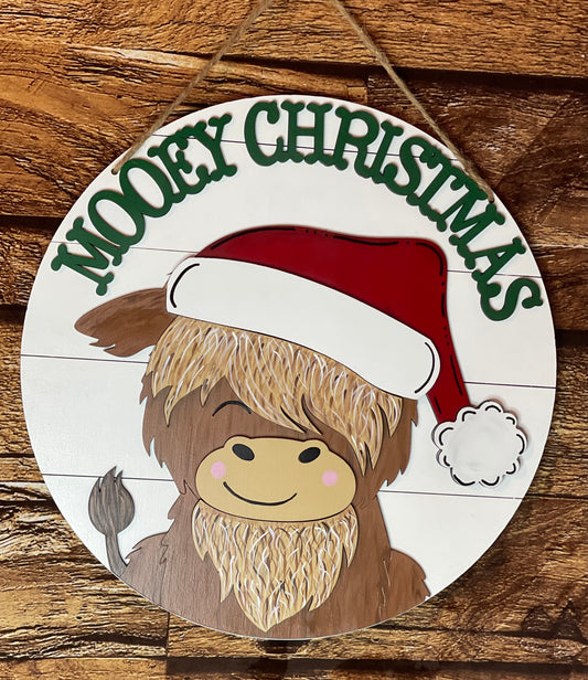 Highland Cow Merry Christmas Wood Door Hanger