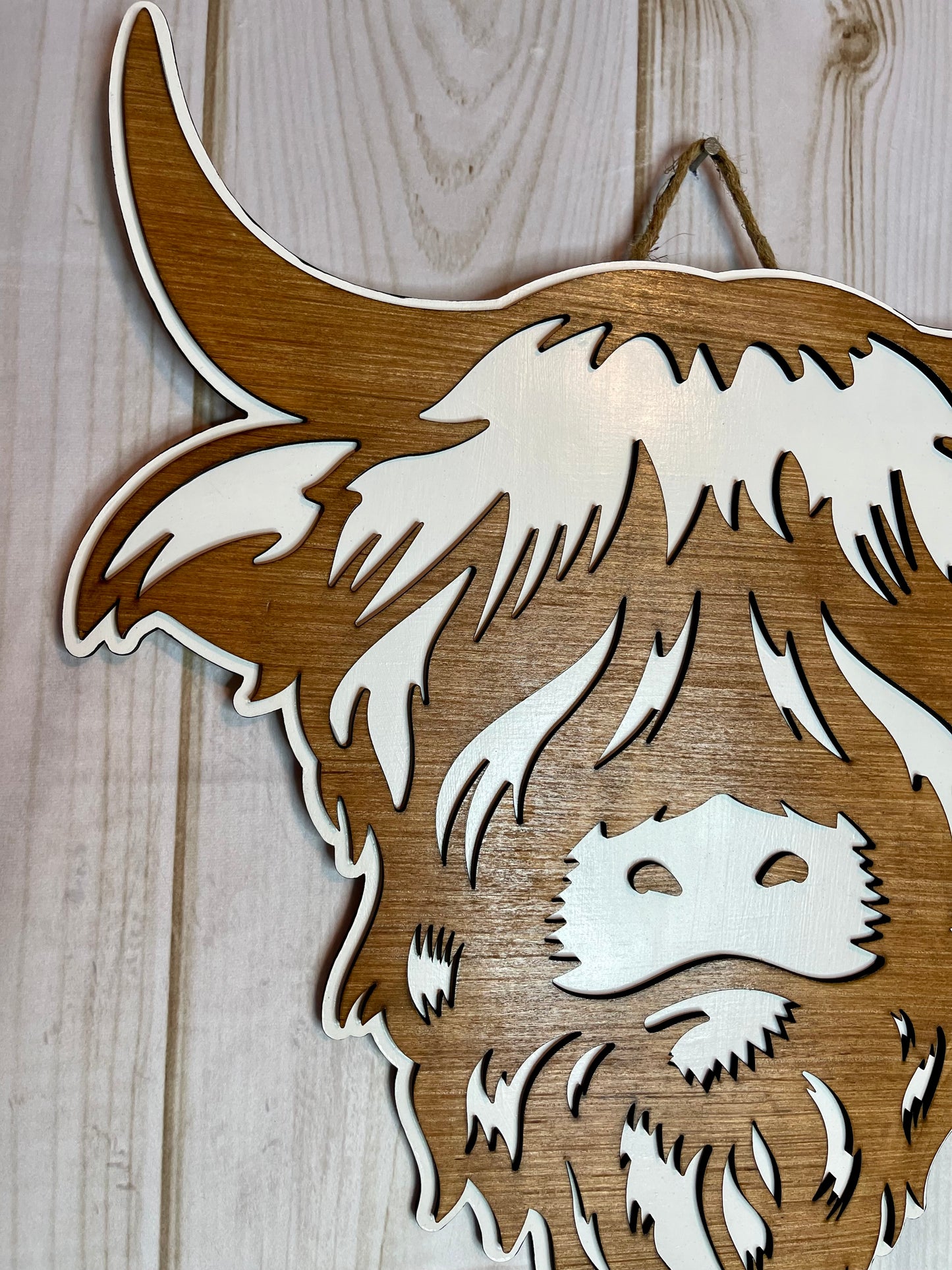 Highland Cow with Tag Wood Door Hanger