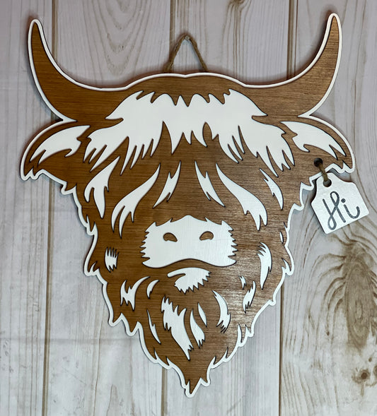 Highland Cow with Tag Wood Door Hanger