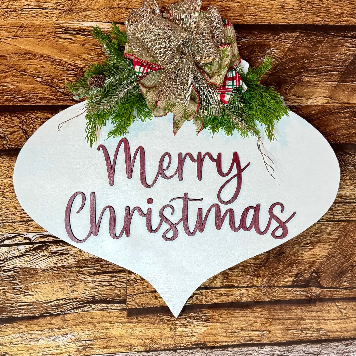 Merry Christmas Bauble Wood Door Hanger with Greenery