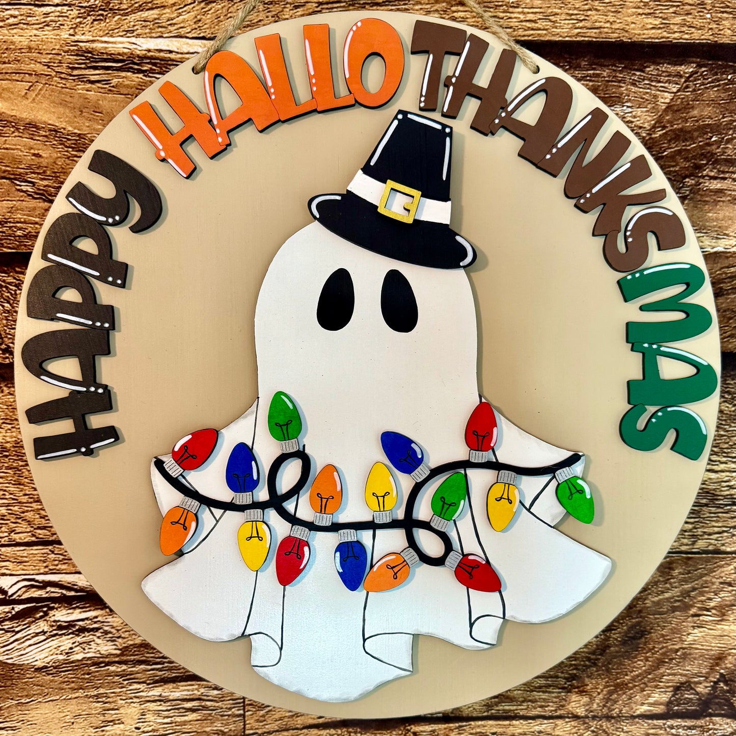 Happy HalloThanksMas Ghost Wood Door Hanger | Halloween |Thanksgiving | Christmas | Fall Door Sign