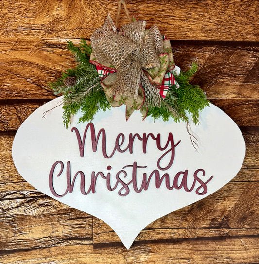 Merry Christmas Bauble Wood Door Hanger with Greenery
