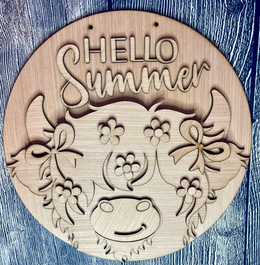 Highland Cow Hello Spring Summer Wood Door Hanger Blank