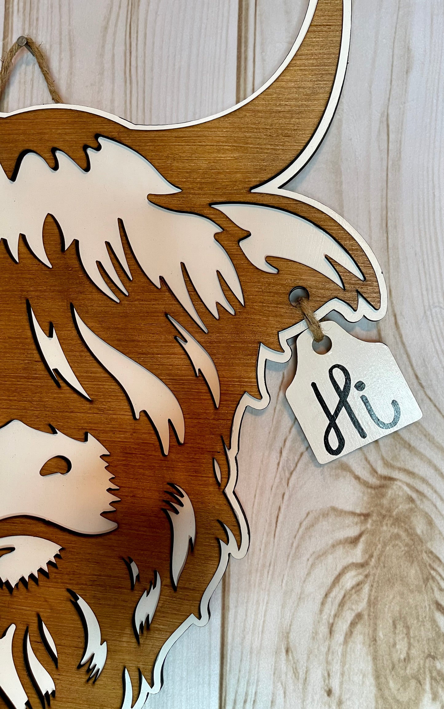 Highland Cow with Tag Wood Door Hanger