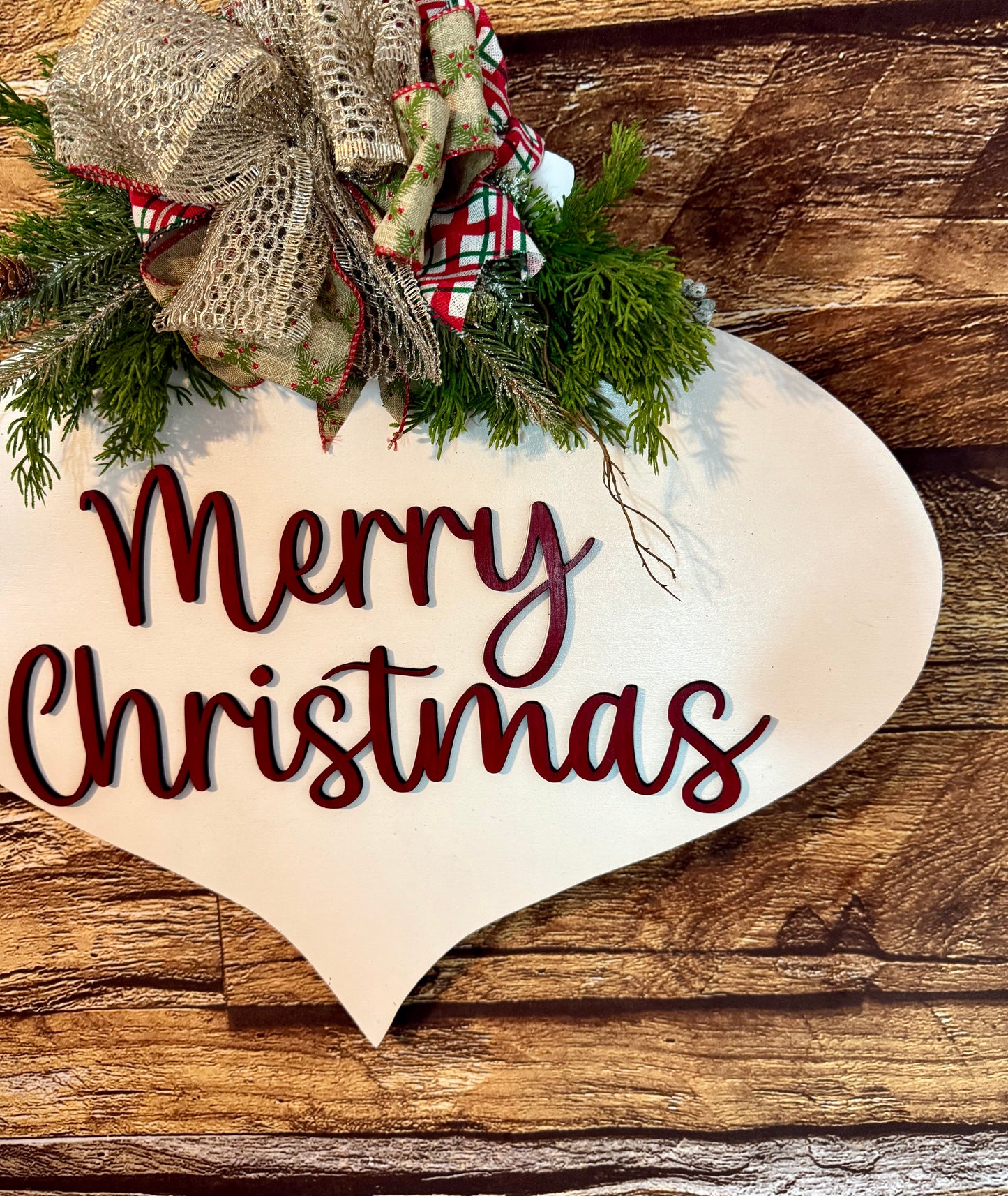 Merry Christmas Bauble Wood Door Hanger with Greenery