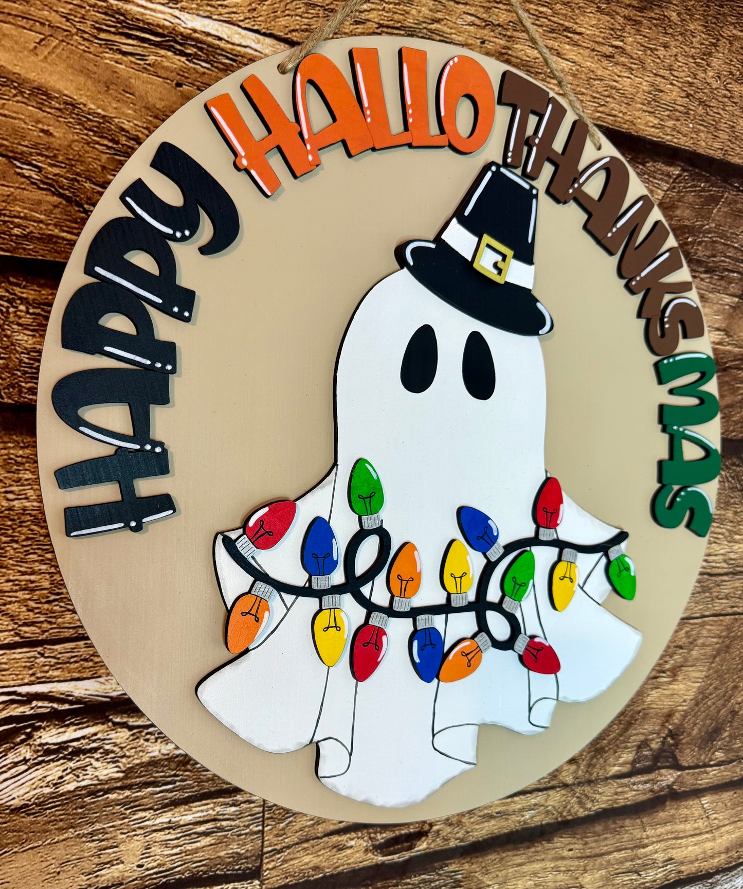 Happy HalloThanksMas Ghost Wood Door Hanger | Halloween |Thanksgiving | Christmas | Fall Door Sign