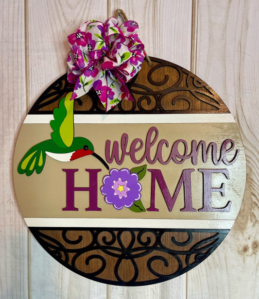 Welcome Home Hummingbird Spring Summer Wood Door Hanger