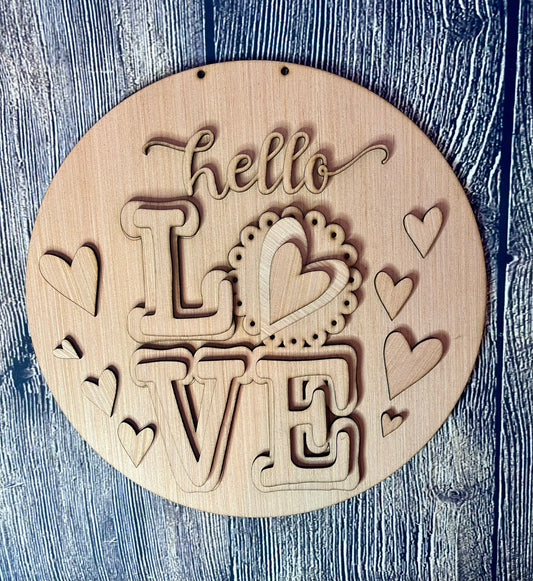 Hello Love Hearts Valentine Wood Door Hanger Blank