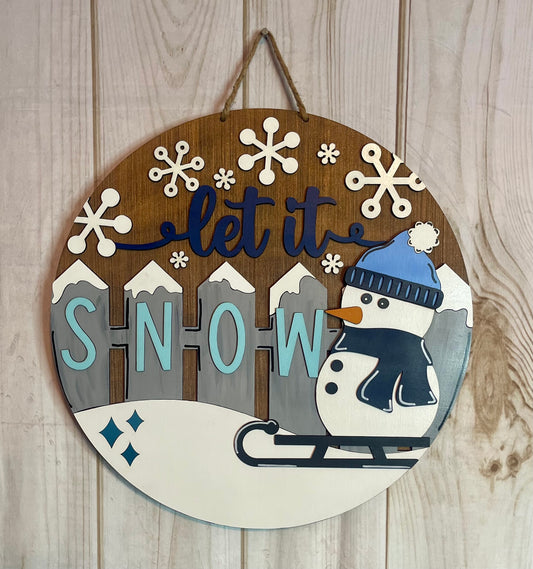 Snowman Let it Snow Winter Fence Wood Door Hanger