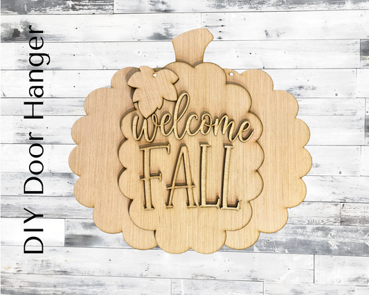 Welcome Fall Scalloped Pumpkin Wood Door Hanger Blank