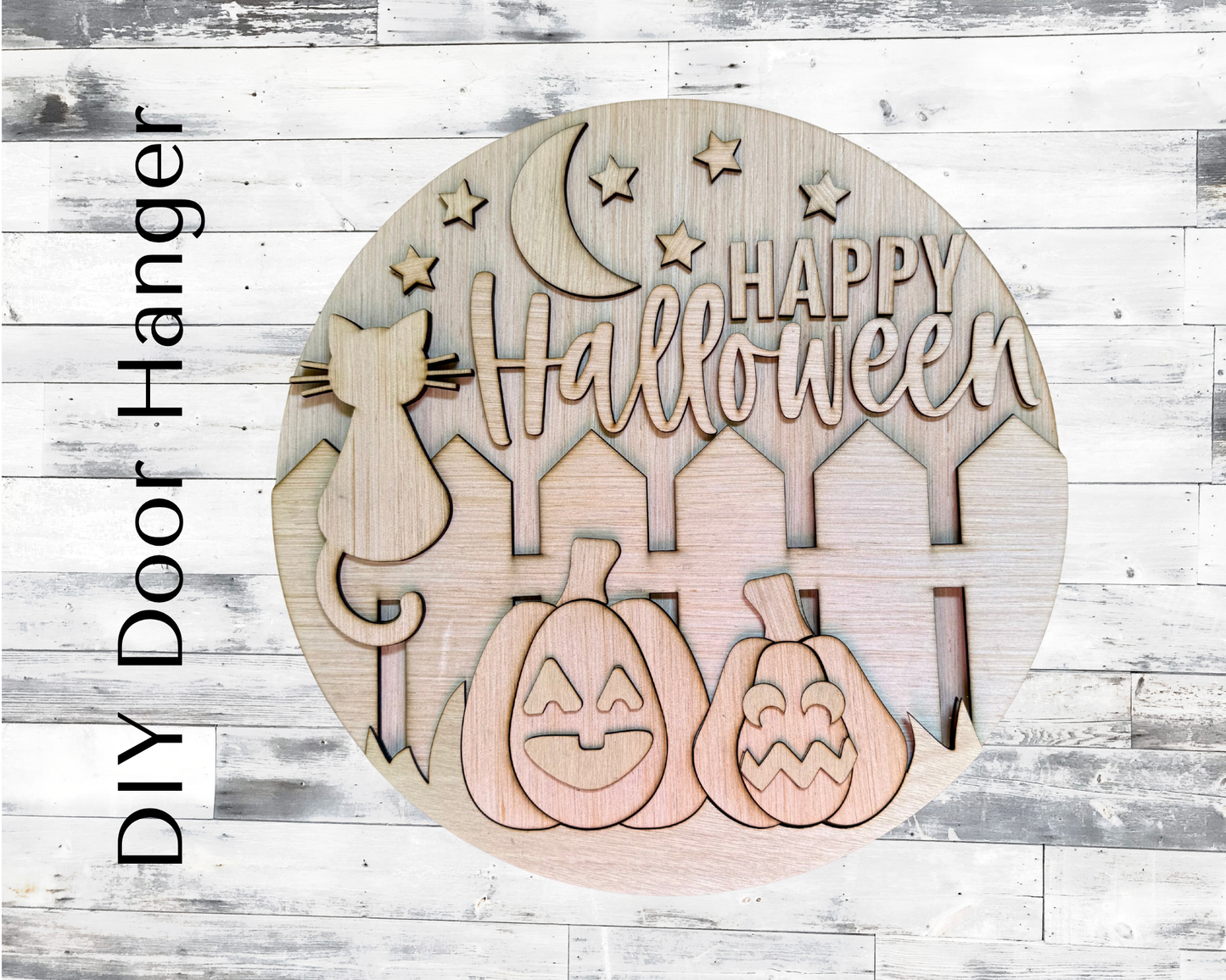 Happy Halloween Cat Fence Wood Door Hanger Blank