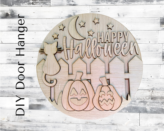 Happy Halloween Cat Fence Wood Door Hanger Blank
