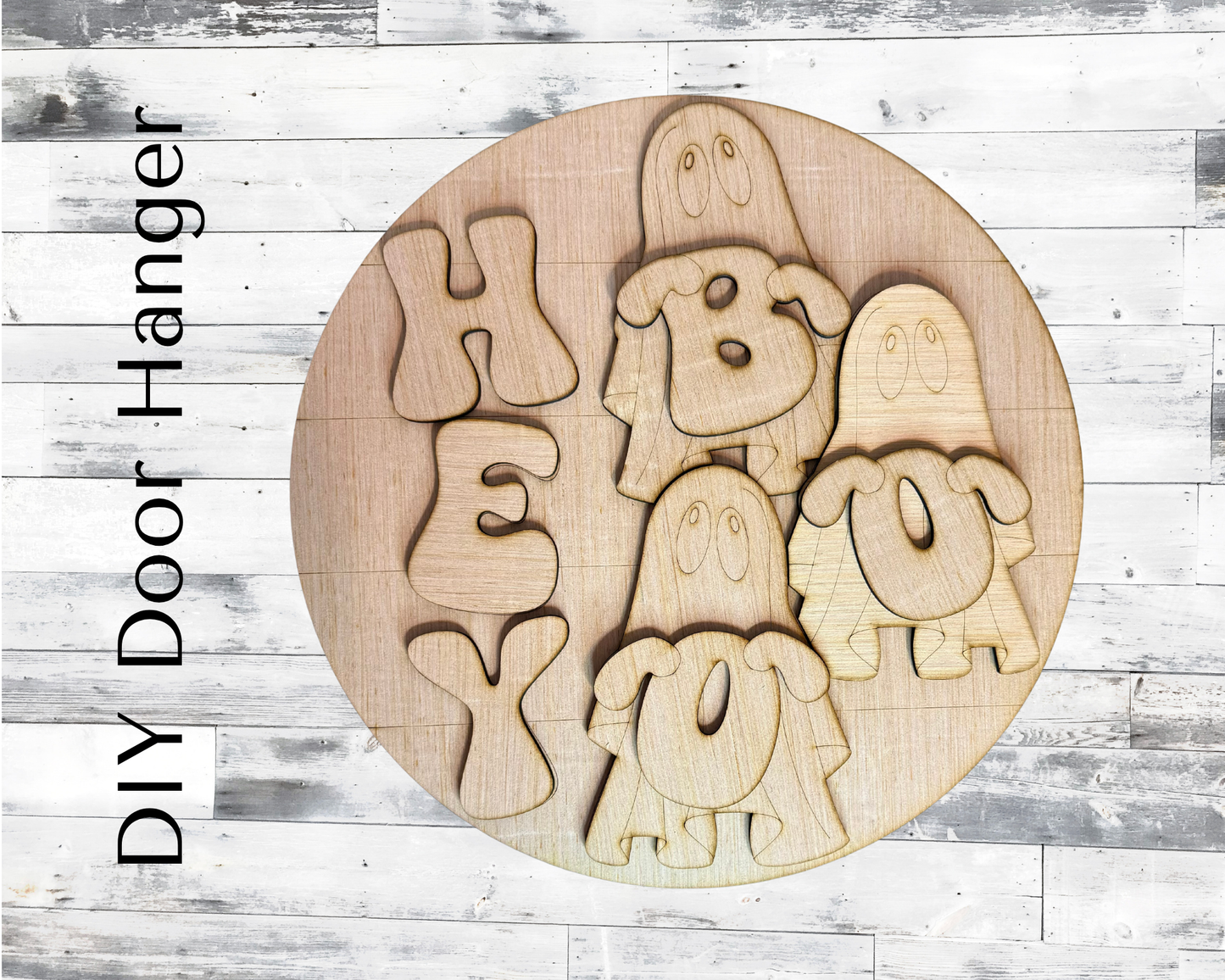 Hey Boo Ghosts Halloween Wood Door Hanger Blank