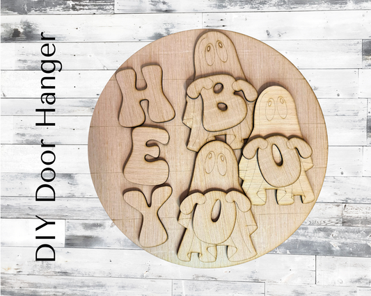 Hey Boo Ghosts Halloween Wood Door Hanger Blank