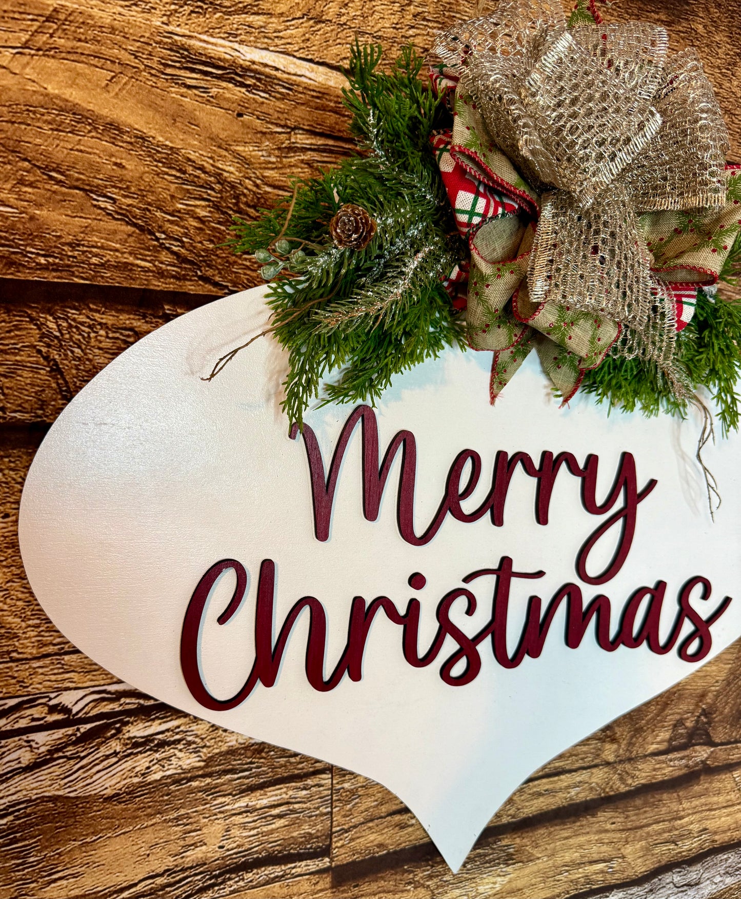 Merry Christmas Bauble Wood Door Hanger with Greenery