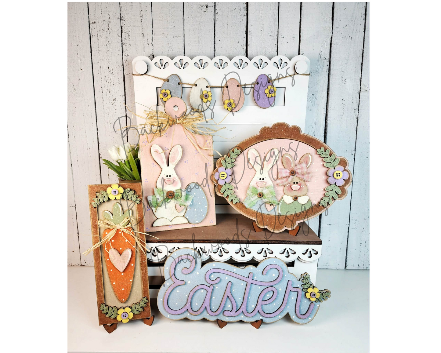 Primitive Bunny Couple Easter  DIY Tiered Tray Decor