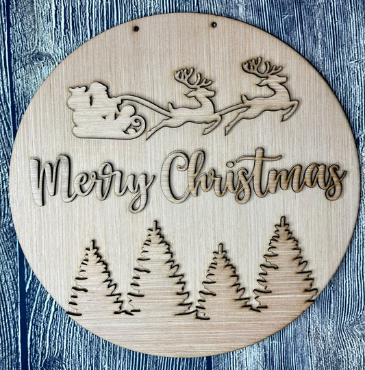 Santa Sleigh Merry Christmas Round Blank