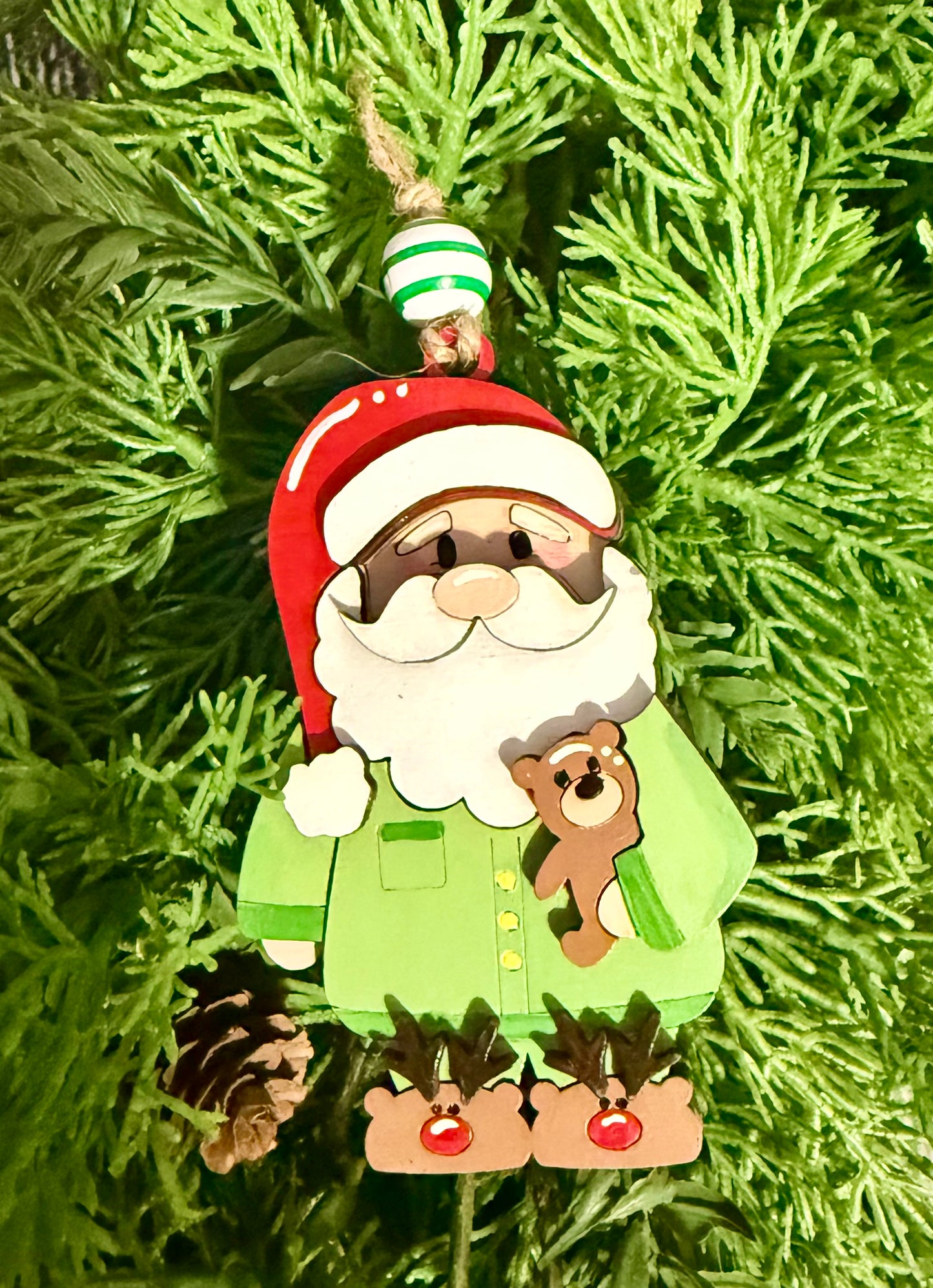 Santa in Pajamas Wood Christmas Ornament