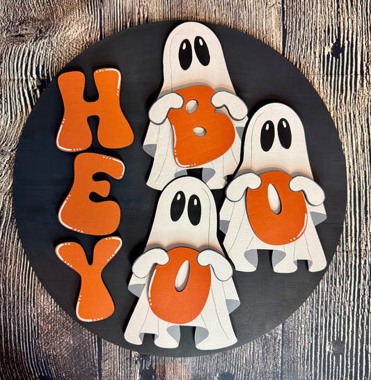 Hey Boo Ghosts Halloween Wood Door Hanger