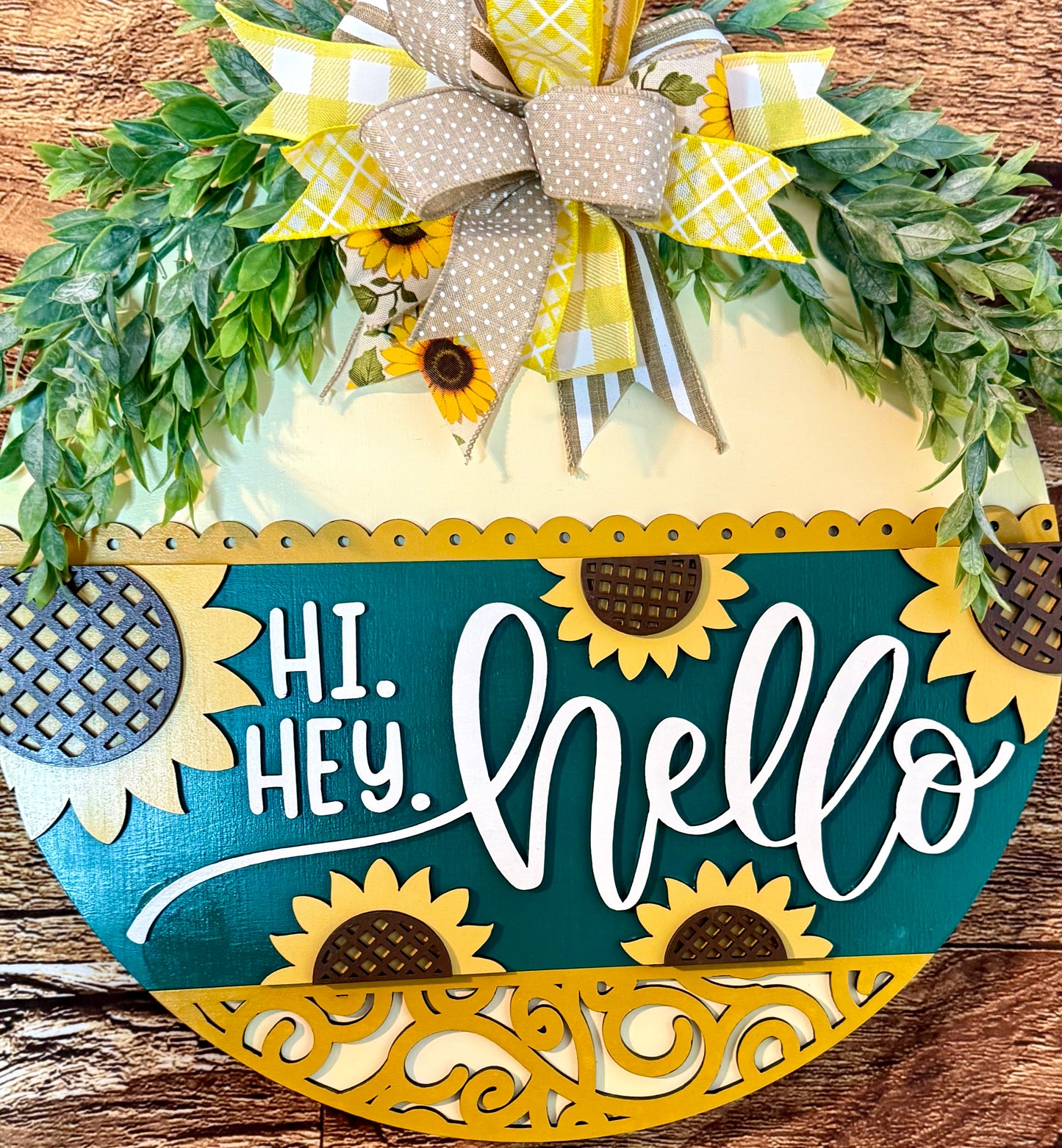 Hi Hey Hello Sunflower Wood Fall Summer Door Hanger