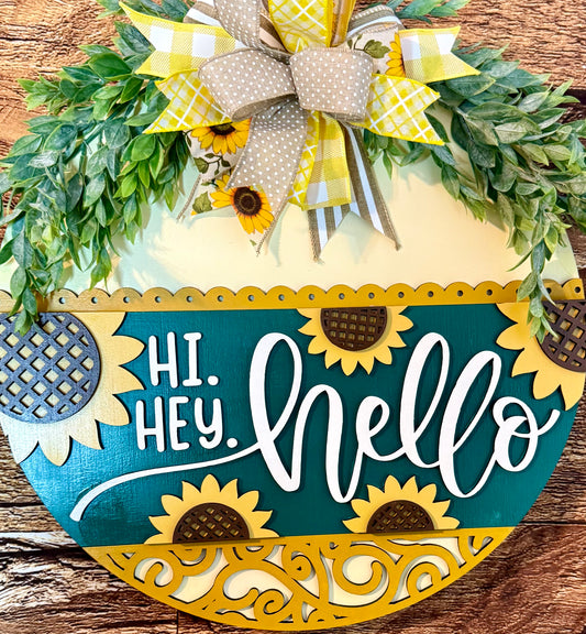 Hi Hey Hello Sunflower Wood Fall Summer Door Hanger