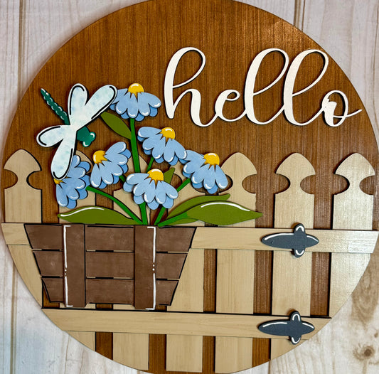 Hello Spring Summer Floral Fence Wood Door Hanger | Dragonfly and Daisies