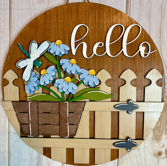 Hello Spring Summer Floral Fence Wood Door Hanger | Dragonfly and Daisies