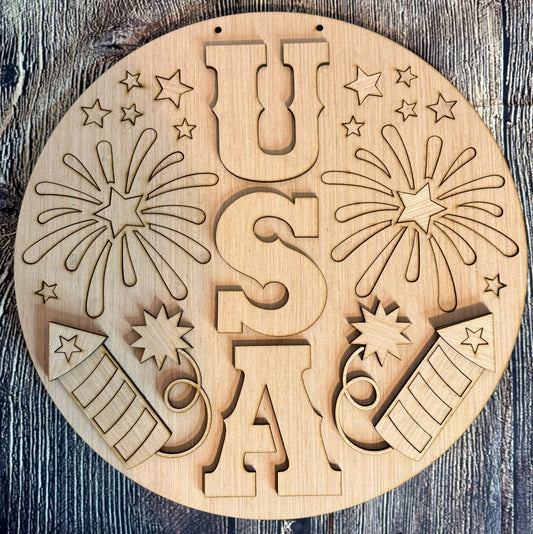 USA Fireworks Patriotic Wood Door Hanger Blank