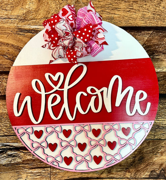 Welcome Heart and Bows Valentine Door Hanger