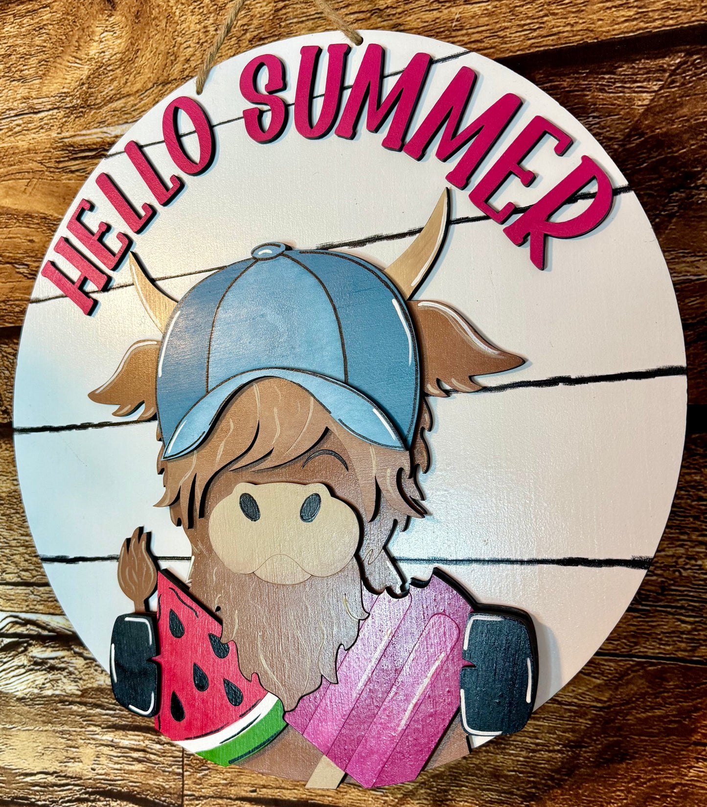 Hello Summer Highland Cow Wood Door Hanger