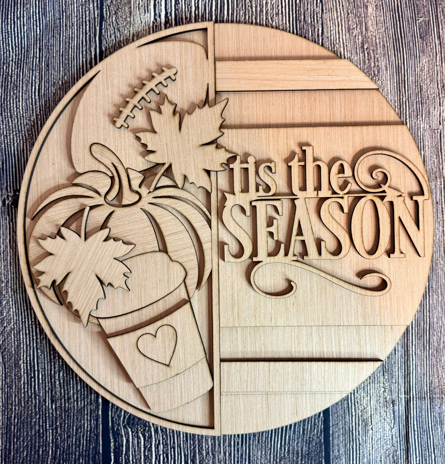 Tis the Season Pumpkin Coffee Leaf Welcome Fall Wood Door Hanger Blank