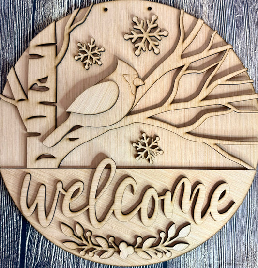Welcome Winter Cardinal Blank Wood Door Hanger