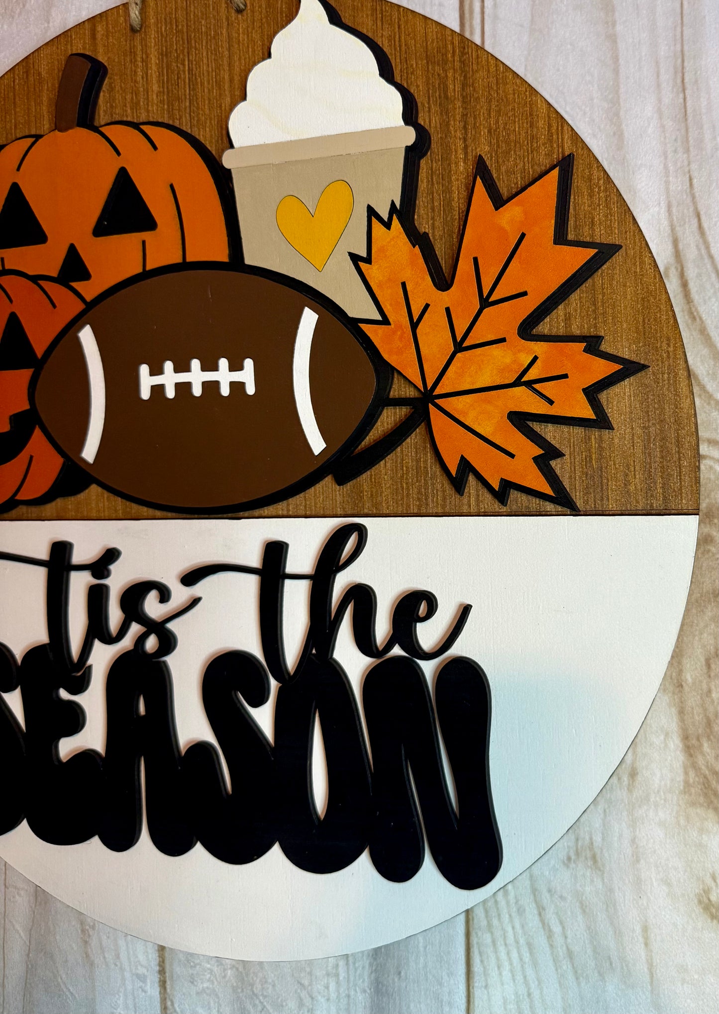 Tis The Season Pumpkin Coffee Football Fall Wood Door Hanger