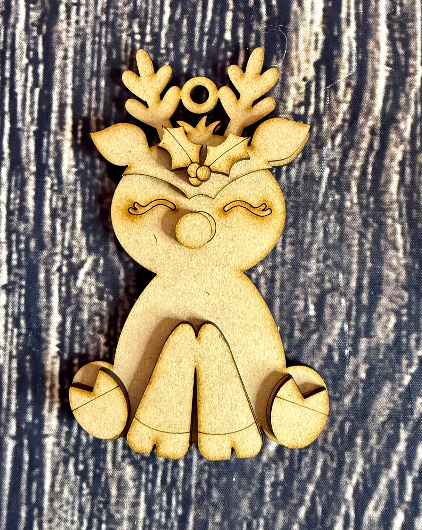 Sitting Reindeer Unfinished Wood Christmas Ornament