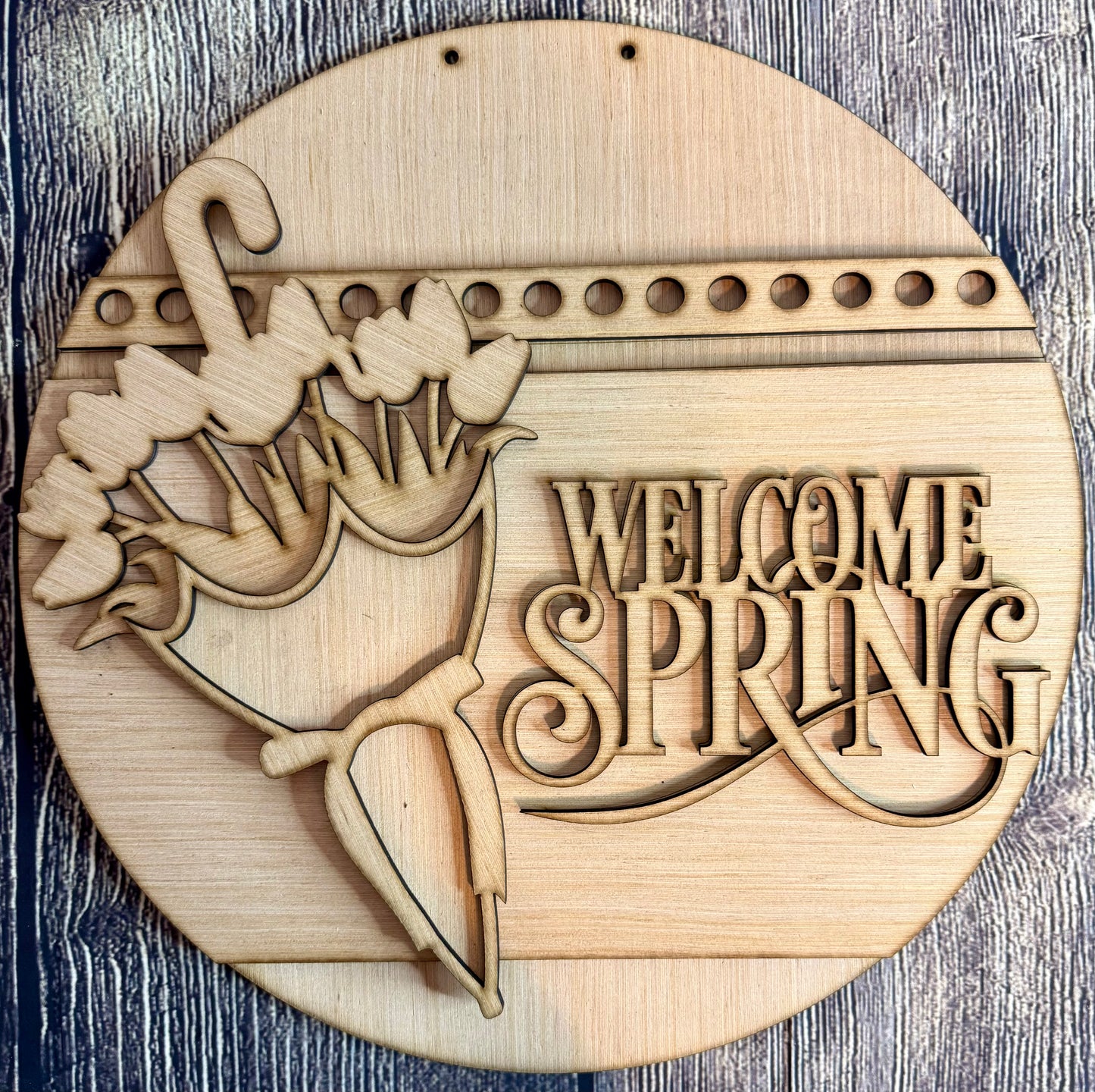 Welcome Spring Tulip Umbrella Wood Door Hanger Blank