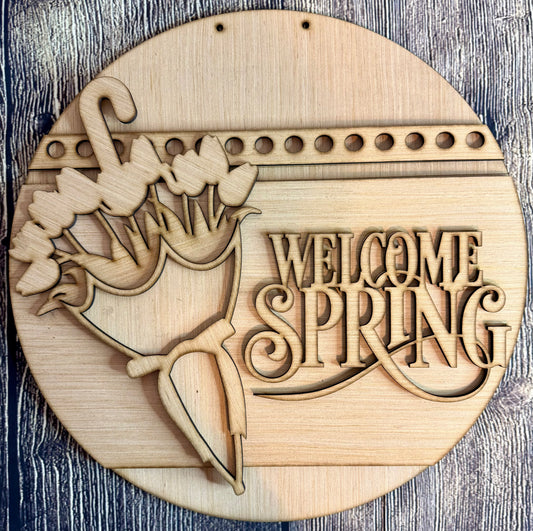 Welcome Spring Tulip Umbrella Wood Door Hanger Blank