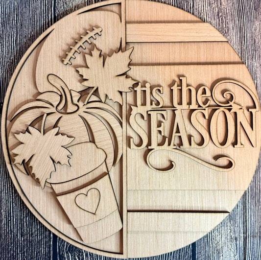 Tis the Season Pumpkin Coffee Leaf Welcome Fall Wood Door Hanger Blank
