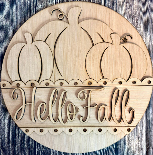 Pumpkin Trio Hello Fall Wood Door Hanger Blank