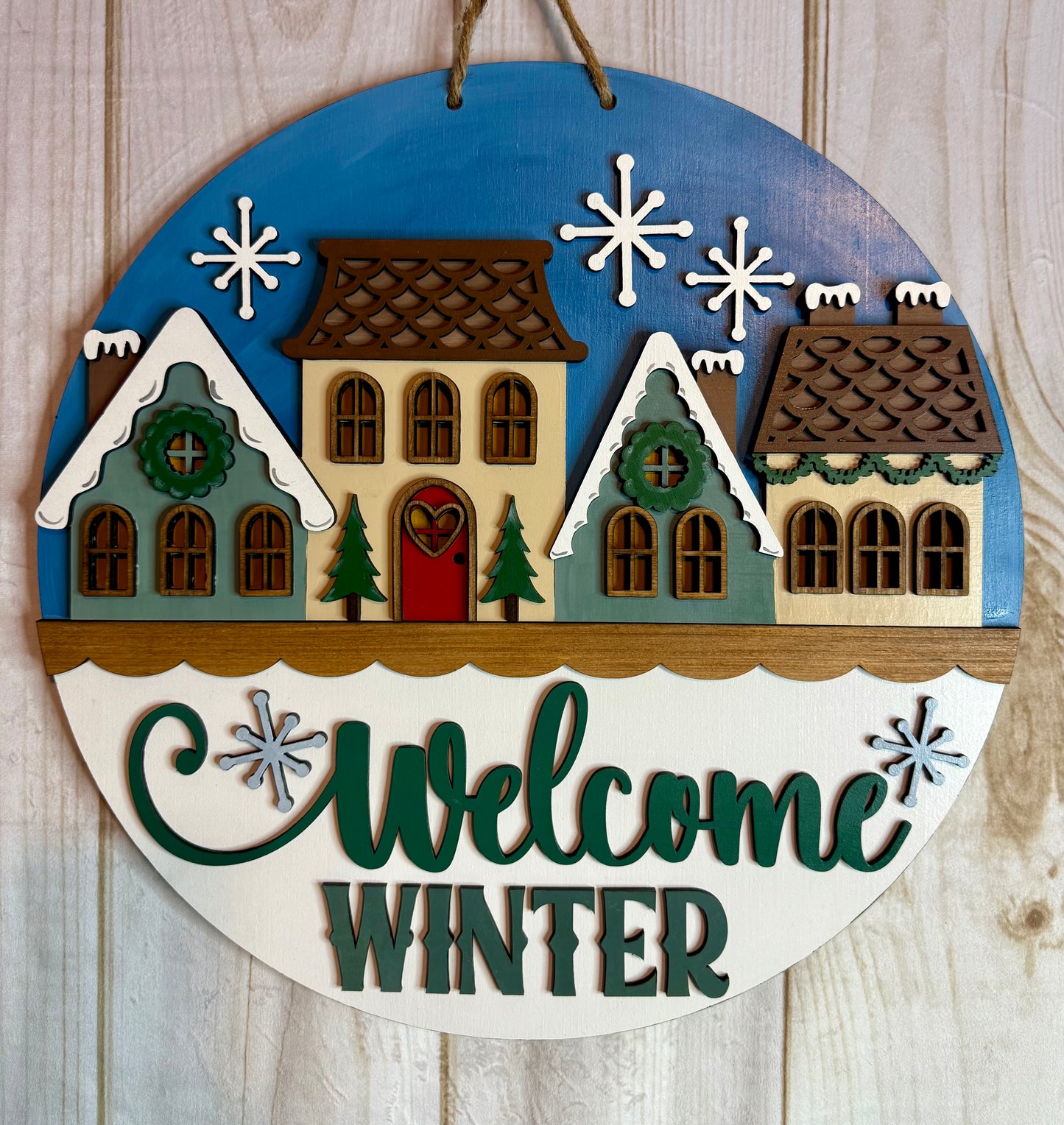 Welcome Winter Houses Wood Door Hanger