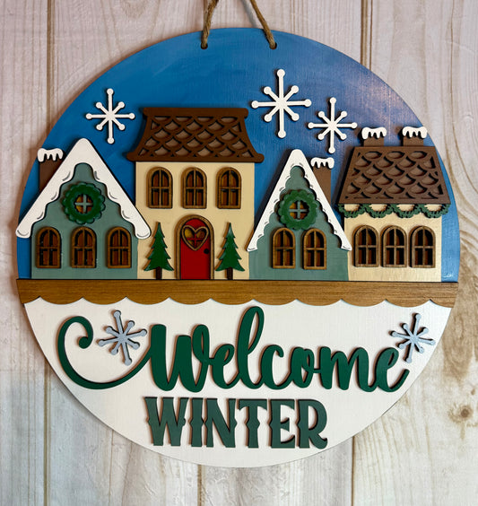 Welcome Winter Houses Wood Door Hanger