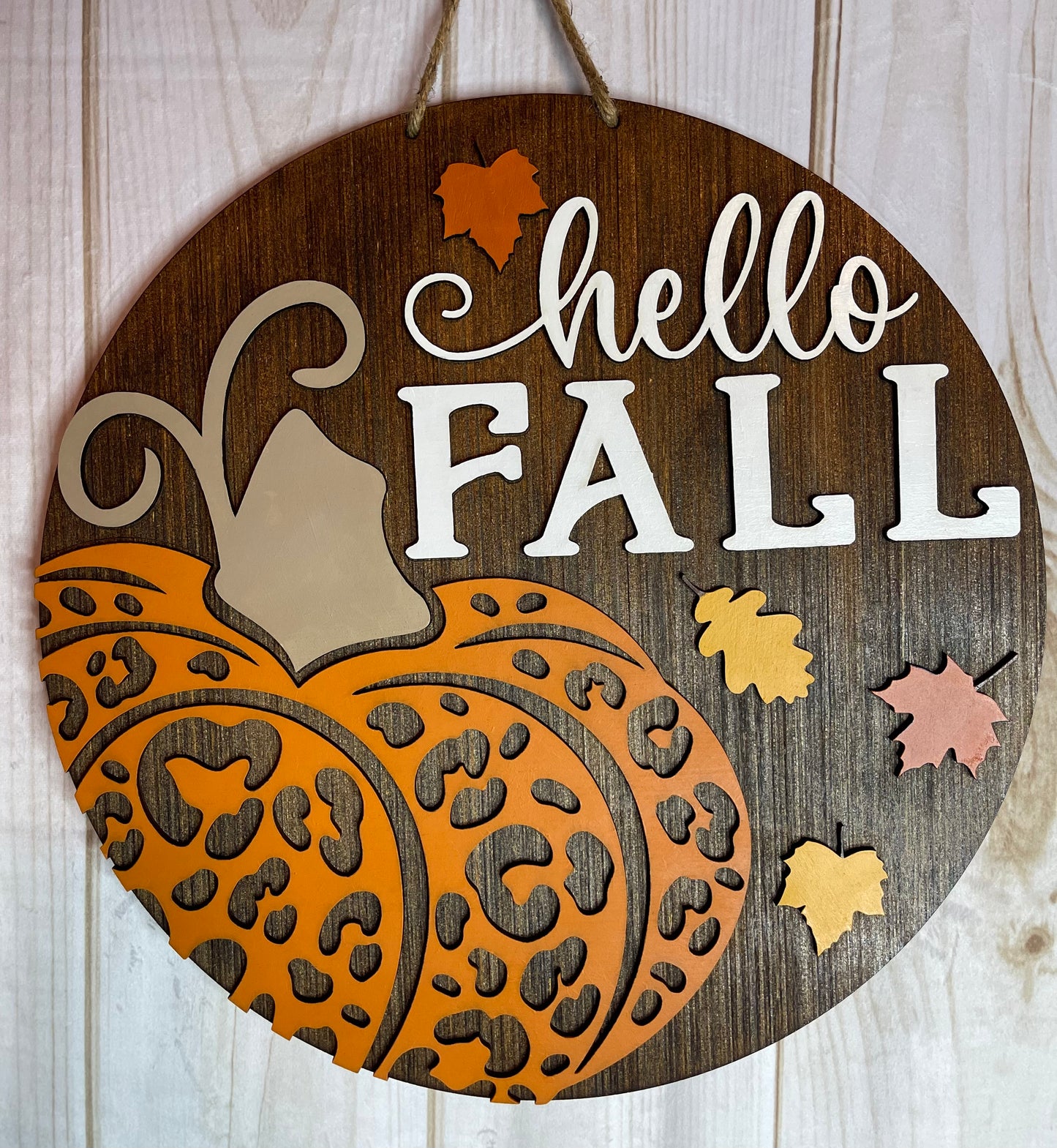 Hello Fall Leopard Pumpkin Wood Door Hanger