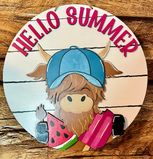 Hello Summer Highland Cow Wood Door Hanger